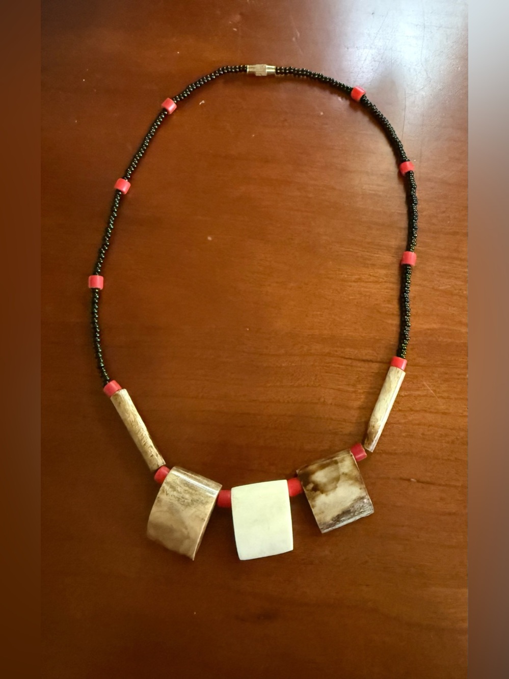 Handmade Black and Red Beads with 3  Wood Pendants 17”  Necklace
